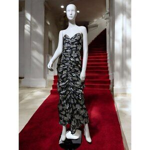 Vintage Strapless Formal Ball Gown XS Ruched Bustle Silver Lamé Wedding Bespoke